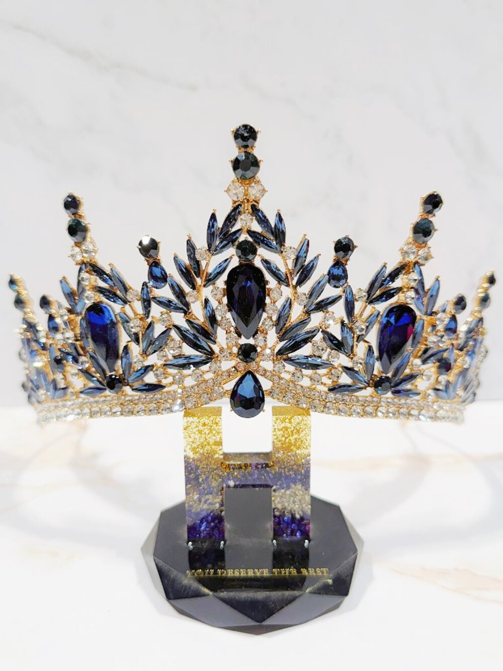 Navy blue tiara, Gold Crystal Crown, Rhinestone Tiara, Formal crown headpiece